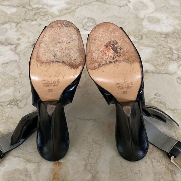 Chloe Black Patent Leather Peep-Toe Buckle Accent Heels - Picture 12 of 14